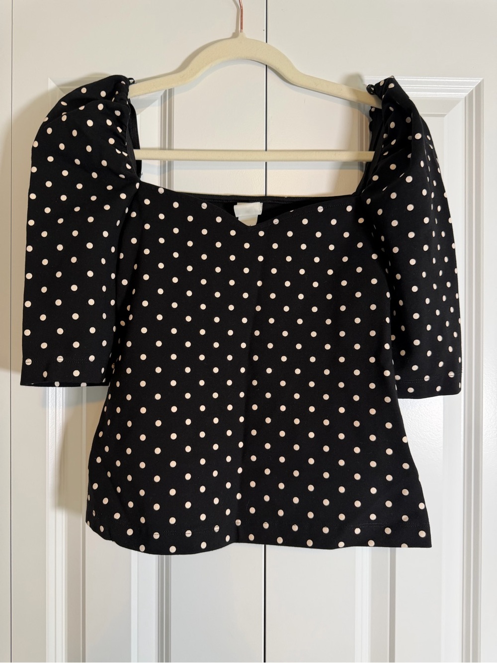 H&M Black Top with Cream Polka Dots and Puff Sleeves